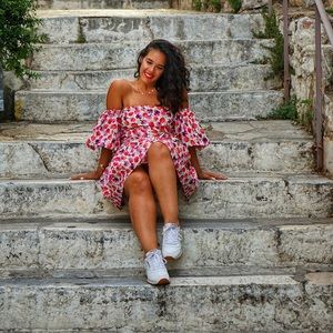 ZARA FLORAL PRINT OFF SHOULDER DRESS WITH BELT